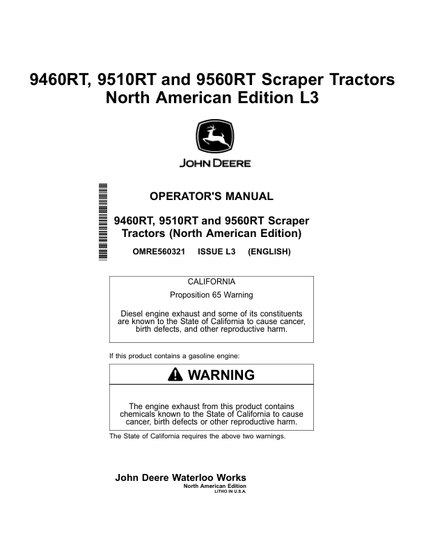 John Deere 9460RT, 9510RT, & 9560RT Scraper Tractors North America Operator's Manual (OMRE560321)
