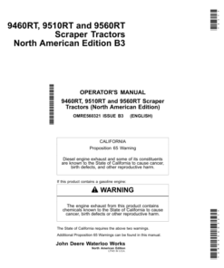 John Deere 9460RT, 9510RT, 9560RT Scraper Tractors Operator's Manuals (OMRE560321)