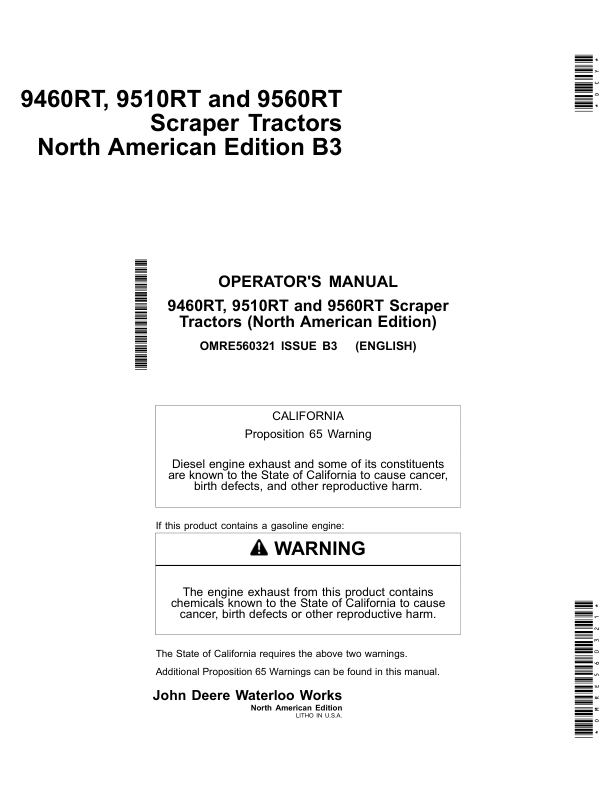 John Deere 9460RT, 9510RT, 9560RT Scraper Tractors Operator's Manuals (OMRE560321)