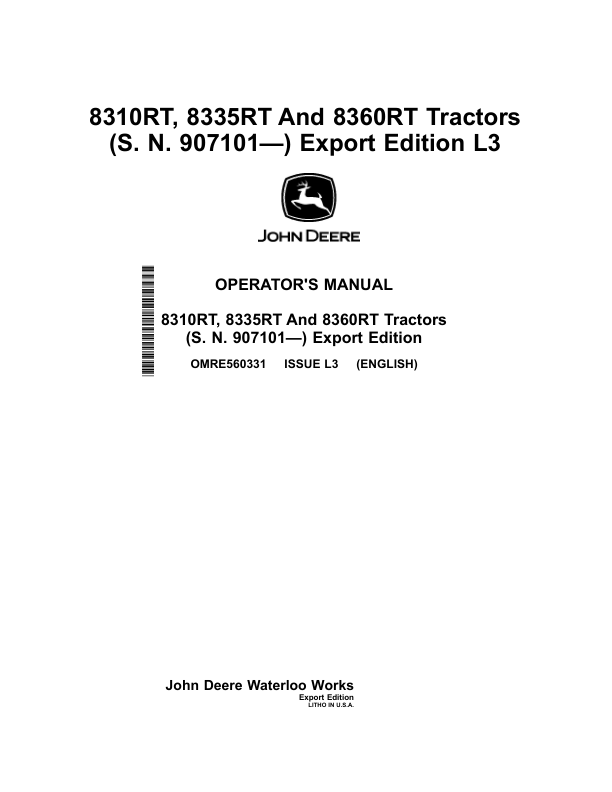 John Deere 8310RT 8335RT & 8360RT Tractors Export Edition (907101- ) Operator's Manual (OMRE560331)