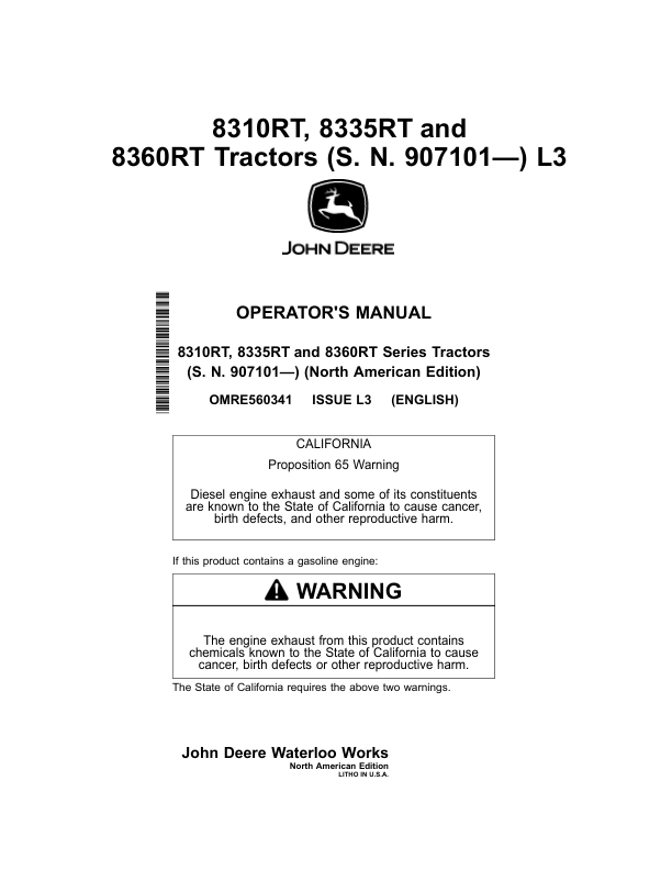 John Deere 8310RT, 8335RT & 8360RT Tractors North America (907101- ) Operator's Manual (OMRE560341)