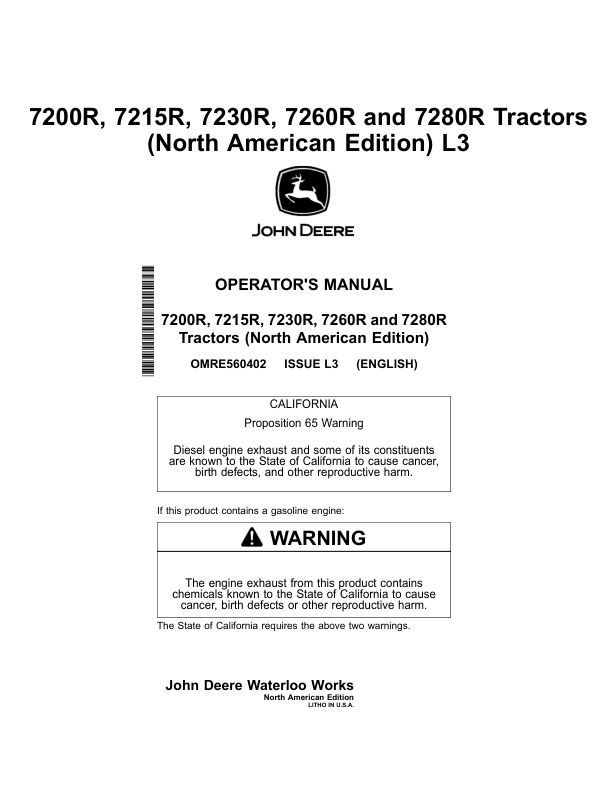 John Deere 7200R, 7215R, 7230R, 7260R & 7280R Tractors North America Operator's Manual (OMRE560402)