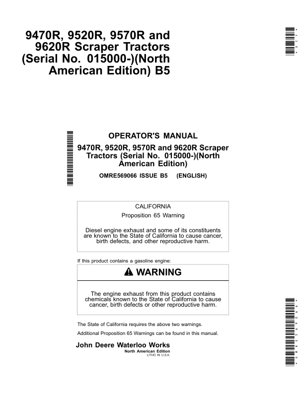 John Deere 9470R, 9520R, 9570R, 9620R Scraper Tractors Operator's Manuals (OMRE569066)
