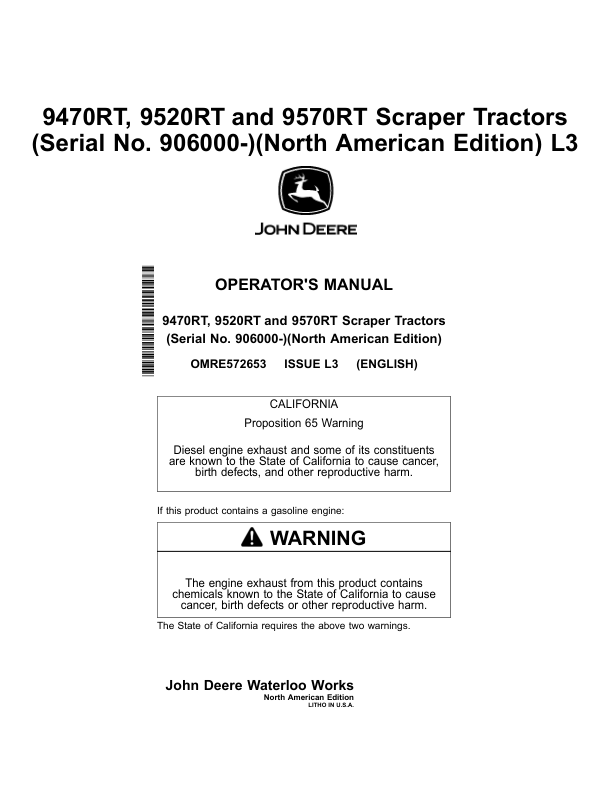John Deere 9470RT, 9520RT & 9570RT Scraper Tractors North America (906000-915000) Operator's Manual (OMRE572653)