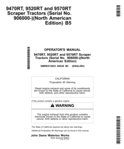 John Deere 9470RT, 9520RT, 9570RT Scraper Tractors Operator's Manuals (OMRE572653)