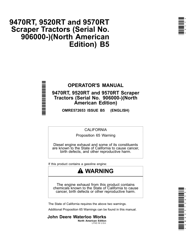 John Deere 9470RT, 9520RT, 9570RT Scraper Tractors Operator's Manuals (OMRE572653)