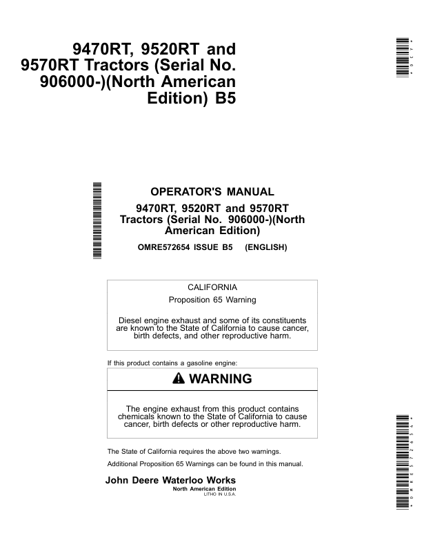 John Deere 9470RT, 9520RT & 9570RT Tractors North America (906000-915000) Operator's Manual (OMRE572654)