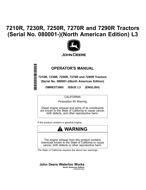 John Deere 7210R, 7230R, 7250R, 7270R & 7290R Tractors North America (080001-085000) Operator's Manual (OMRE573065)