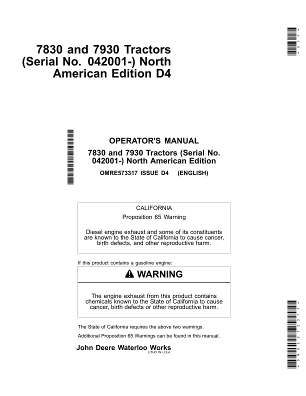 John Deere 7830 & 7930 Tractors North America (042001-044000) Operator's Manual (OMRE573317)