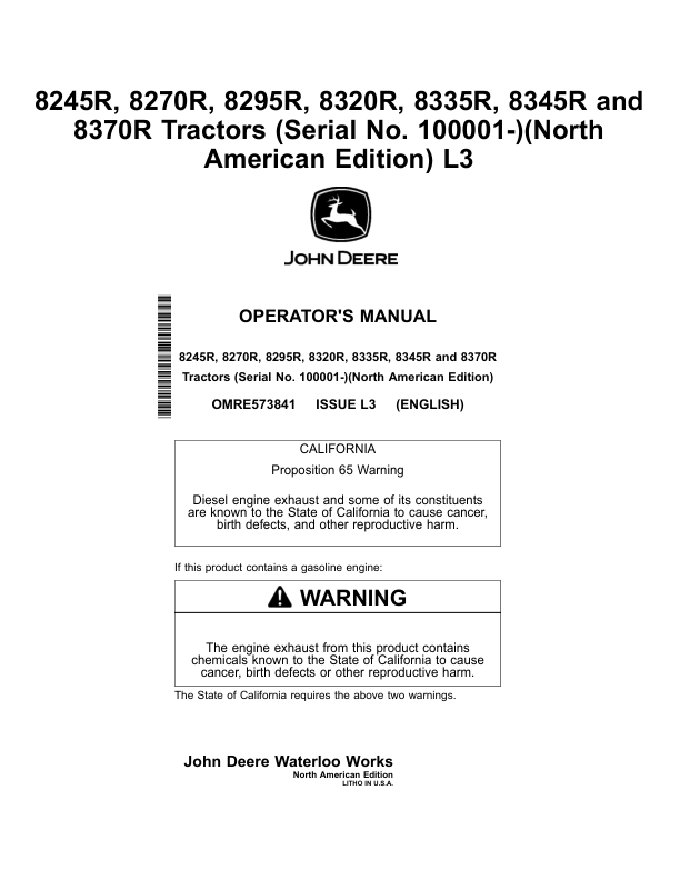 John Deere 8245R, 8270R, 8295R, 8320R , 8335R, 8345R & 8370R Tractors North America (100001-108000) Operator's Manual (OMRE573841)