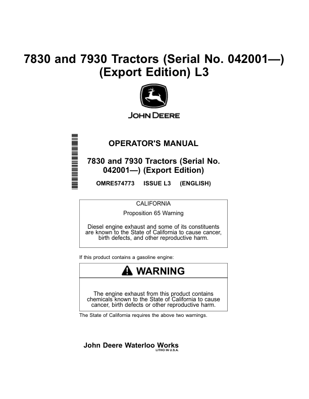 John Deere 7830, 7930 Tractors (Serial No. 042001-) Operator's Manual (OMRE574773)