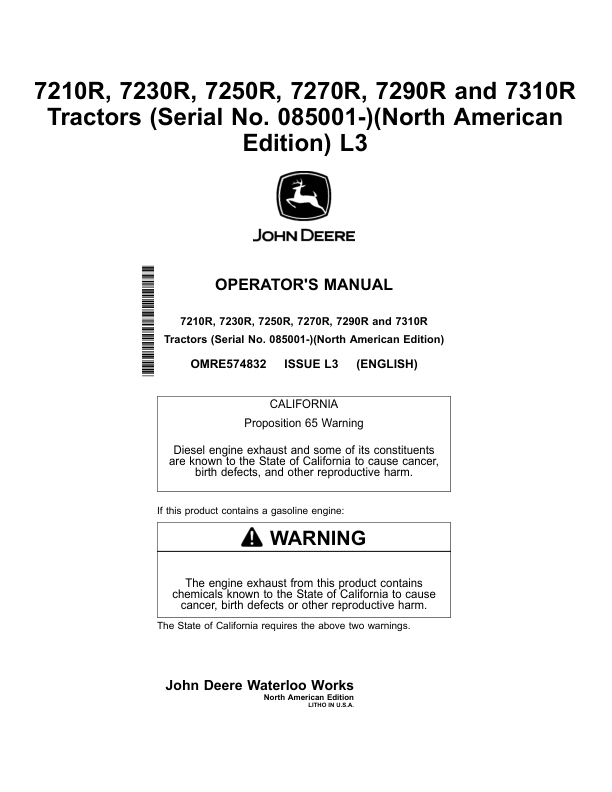 John Deere 7210R, 7230R, 7250R, 7270R & 7290R Tractors North America (085001-089000) Operator's Manual (OMRE574832)