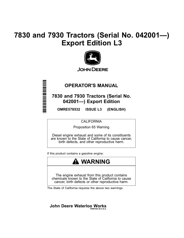 John Deere 7830 & 7930 TractorsExport Edition (042001-) Operator's Manual (OMRE578532)