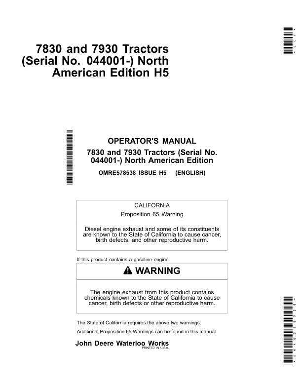 John Deere 7830 & 7930 Tractors North America (044001-) Operator's Manual (OMRE578538)