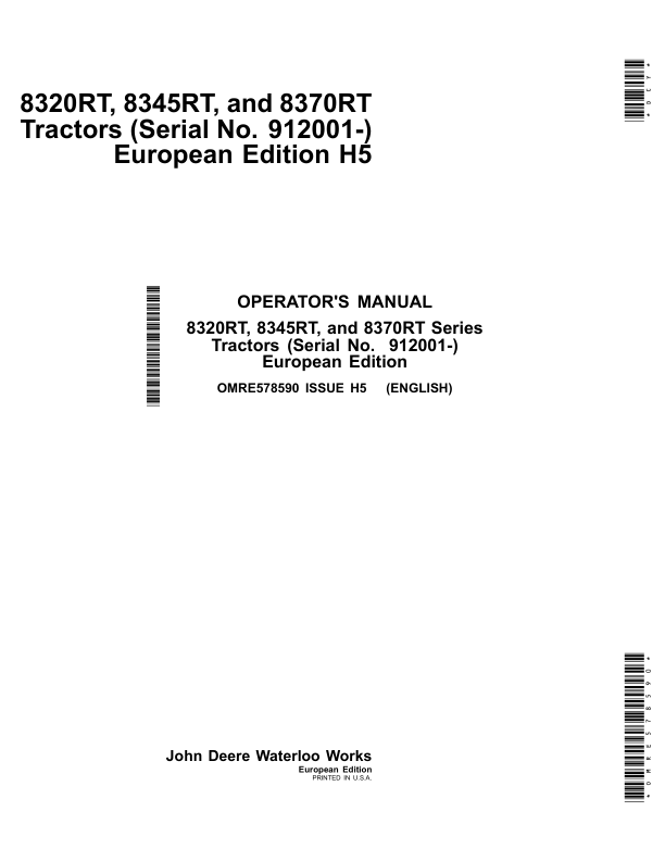 John Deere 8320RT, 8345RT & 8370RT Tractors European Edtion (912001-) Operator's Manual (OMRE578590)