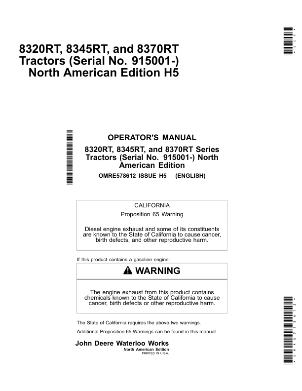 John Deere 8320RT, 9345RT & 8370RT Tractors North America (915001- ) Operator's Manual (OMRE578612)