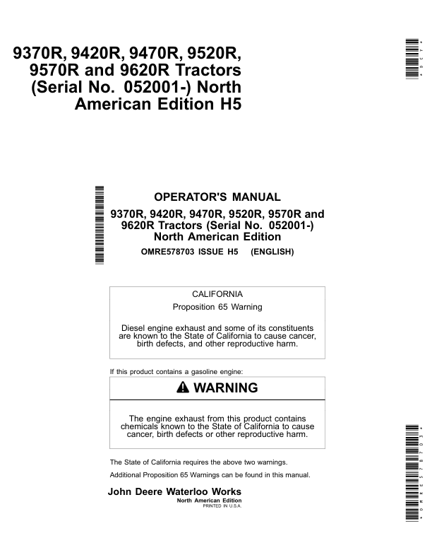 John Deere 9370R, 9420R, 9470R, 9520R, 9570R & 9620R Tractors North America (052001- ) Operator's Manual (OMRE578703)