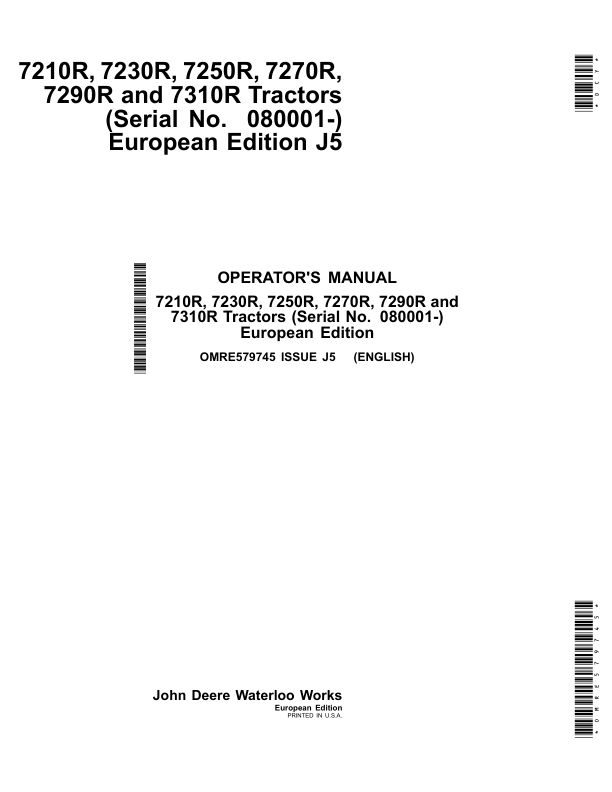 John Deere 7210R, 7230R, 7250R, 7270R, 7290R& 7310R Tractors European Edition (080001- ) Operator's Manual (OMRE579745)