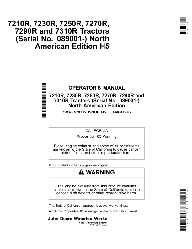 John Deere 7210R, 7230R, 7250R, 7270R& 7290R Tractors North America (089001- ) Operator's Manual (OMRE579782)