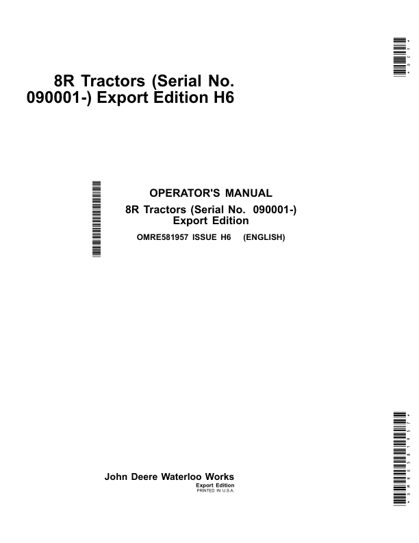 John Deere 8370R, 8245R, 8270R, 8295R, 8320R, 8335R, 8345R (8R) Tractors Operator's Manual (OMRE581957)