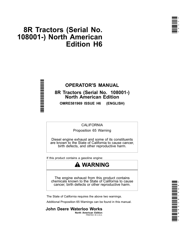 John Deere 8245R, 8295R, 8320R, 8335R, 8345R, 8370R & 8400R (8R) Tractors Operator's Manual (OMRE581969)