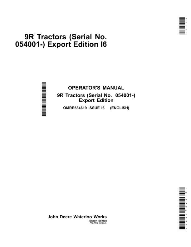 John Deere 9370R, 9420R, 9470R, 9520R, 9570R & 9620R (9R) Tractors Operator's Manual (OMRE584619)