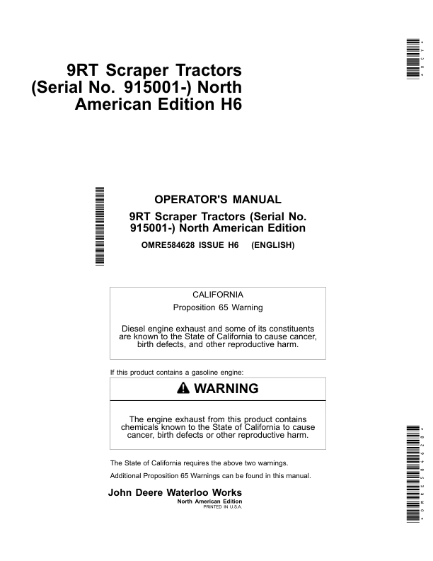 John Deere 9470RT, 9520RT & 9570RT (9RT) Scraper Tractors (North American) Operator's Manual (OMRE584628)