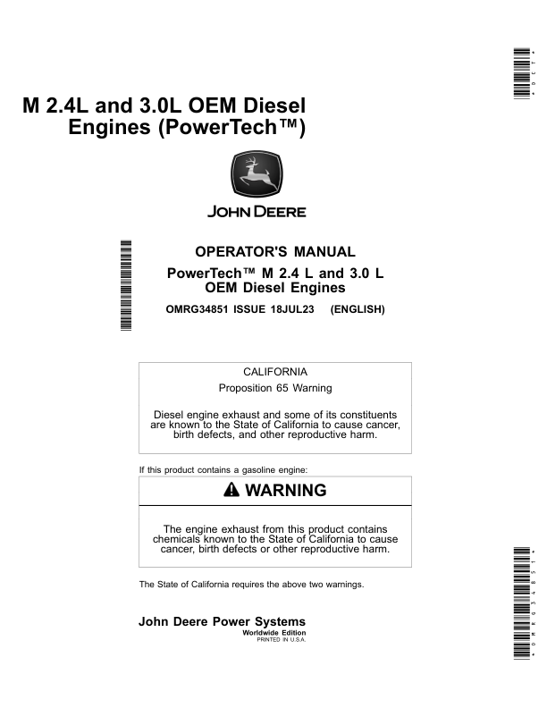John Deere PowerTech M 2.4 L, 3.0 L OEM Diesel Engines Operator's Manual (OMRG34851)
