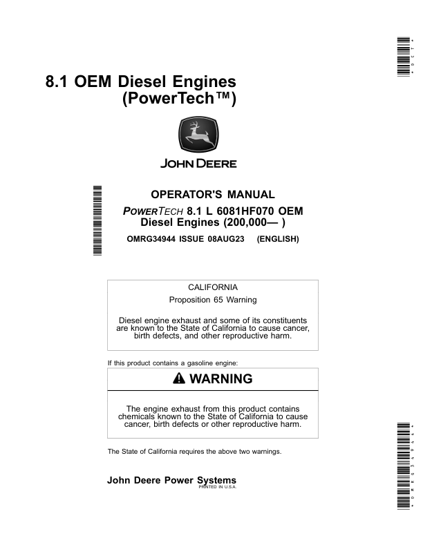 John Deere PowerTech 8.1L, 6081HF070 (Tier 2 / Stage II) OEM Diesel Engines (200000-) Operator's Manual (OMRG34944)