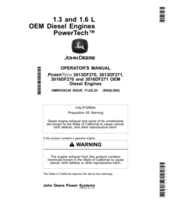 John Deere PowerTech 1.3 (3013DF270, 3013DF271) & 1.6L (3016DF270, 3016DF271) OEM Engines Operator's Manual (OMRG36330)
