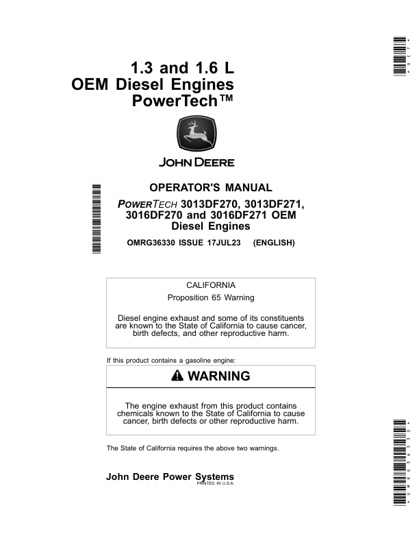 John Deere PowerTech 1.3 (3013DF270, 3013DF271) & 1.6L (3016DF270, 3016DF271) OEM Engines Operator's Manual (OMRG36330)