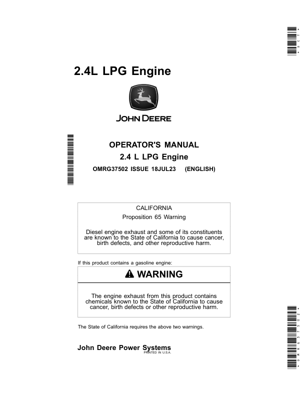 John Deere 2.4 L 4024DFN70LPG Engine Operator's Manual (OMRG37502)