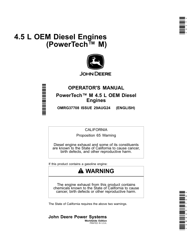 John Deere 4.5 L OEM Diesel Engines (PowerTech M) Operator's Manual (OMRG37708)