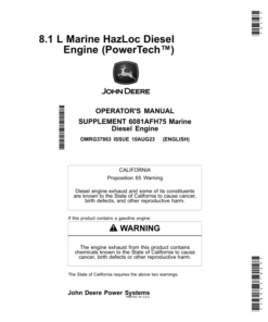 John Deere 6081AFH75 PowerTech HazLoc Marine Diesel Engine (Supplement to OMRG35860) Operator's Manual (OMRG37863)