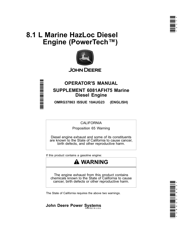 John Deere 6081AFH75 PowerTech HazLoc Marine Diesel Engine (Supplement to OMRG35860) Operator's Manual (OMRG37863)