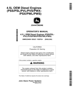 John Deere 4.5 L OEM Diesel Engines (PSS/PSL/PVL/PVS/PWX/PSX/PWL/PWS) Operator's Manual (OMRG39498)