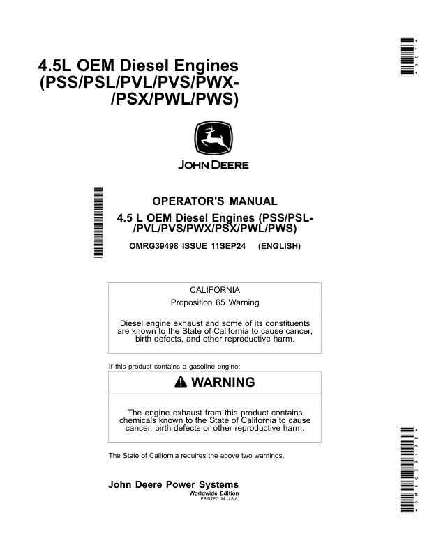 John Deere 4.5 L OEM Diesel Engines (PSS/PSL/PVL/PVS/PWX/PSX/PWL/PWS) Operator's Manual (OMRG39498)