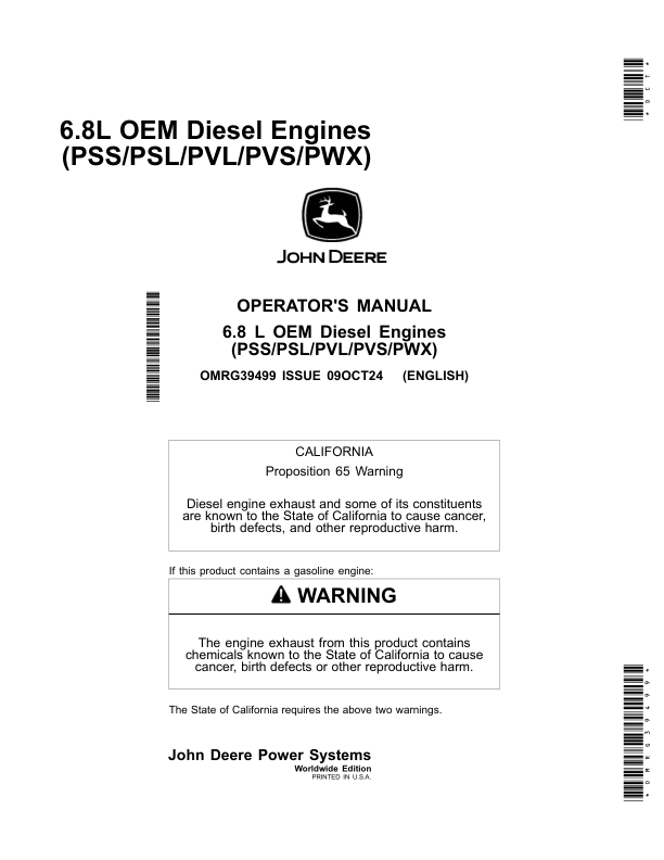 John Deere 6.8L OEM Diesel Engines(PSS/PSL/PVL/PVS/PWX) Operator's Manual (OMRG39499)