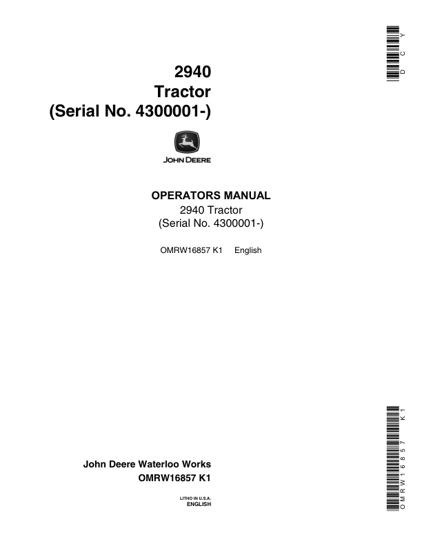 John Deere 2940 Tractors Operator's Manual (OMRW16857)
