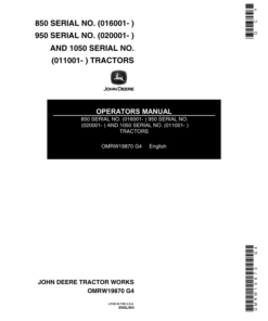 John Deere 850 (016001-), 950 (020001-), 1050 (011001-) Includes Roll Gard Info Operator's Manual (OMRW19870)