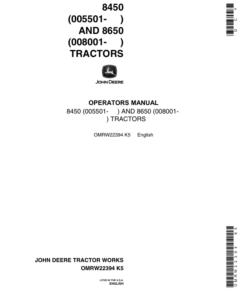 John Deere 8450, 8650 Tractors Operator's Manual (OMRW22394)