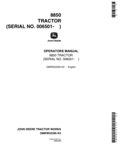 John Deere 8850 Tractors Operator's Manual (OMRW22395)