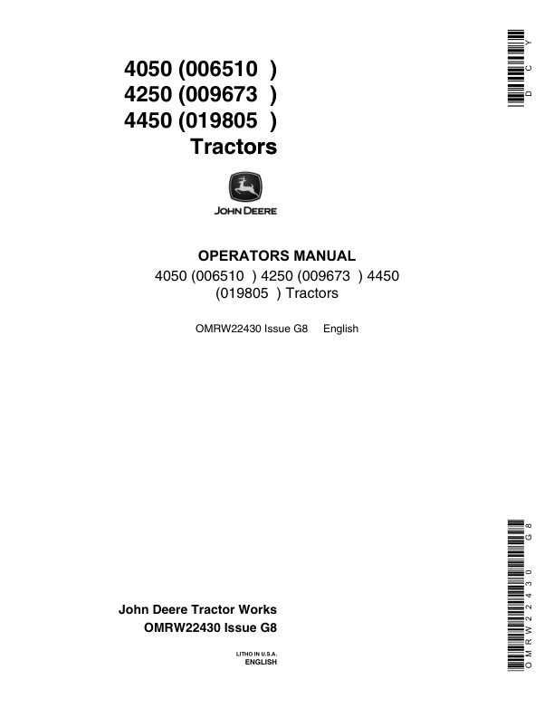 John Deere 4050 (006510-), 4250(009673-), 4450 (019805-) Tractors Operator's Manual (OMRW22430)