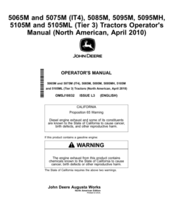 John Deere 5065M, 5075M (IT4), 5085M, 5095M, 5095MH, 5105M, 5105ML (Tier 3) Tractors (April 2010-) Operator's Manual (OMSJ10032)