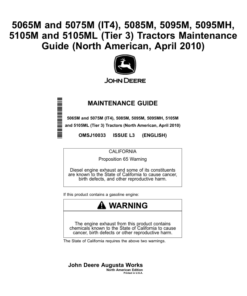 John Deere Maintenance Manual 5065M & 5075M (IT4) , 5085M, 5095M, 5095MH, 5105M & 5105ML (Tier 3) Tractors MY2010 Operator's Manual (OMSJ10033)