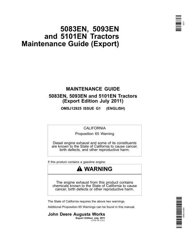 John Deere 5083EN, 5093EN, 5101E Tractors Maintenance Guide (Cab 370001-) (OOS 360001-) Operator's Manual (OMSJ12925)