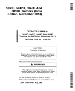 John Deere 5038D, 5042D, 5045D, 5050D Tractors Operator's Manual (OMSJ12954)
