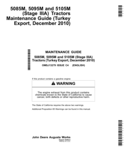 John Deere 5085M, 5095M, 5105M (Stage IIIA) Tractors Maintenance Guide (December 2010) (Turkey Export Edition) Operator's Manual (OMSJ13279)