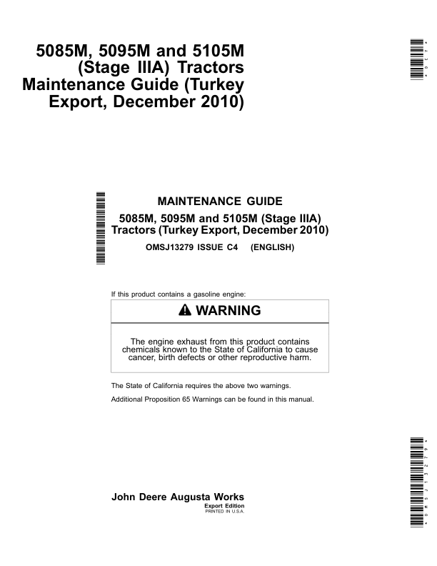 John Deere 5085M, 5095M, 5105M (Stage IIIA) Tractors Maintenance Guide (December 2010) (Turkey Export Edition) Operator's Manual (OMSJ13279)