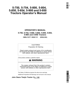 John Deere JD5-750, JD5-754, JD5-800, JD5-804, JD5-850, JD5-854, JD5-900, JD5-950 Tractors Operator's Manual (OMSJ13377)
